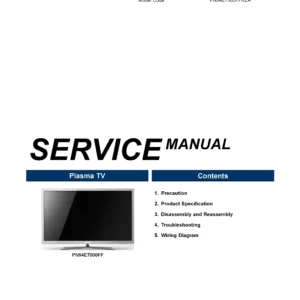 Samsung pn51e7000 pn51e7000ff service manual cover with photo of the television, model type and code and manual contents