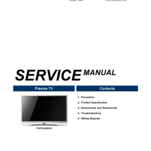 Samsung pn51e8000 pn51e8000gf service manual cover with photo of the television, model type and code and manual contents