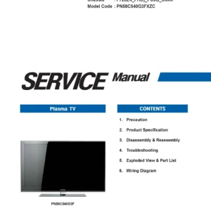 Samsung pn58c540 pn58c540g3f service manual cover with photo of the television, model type and code and manual contents