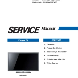 Samsung pn58c6400 pn58c6400tf service manual cover with photo of the television, model type and code and manual contents