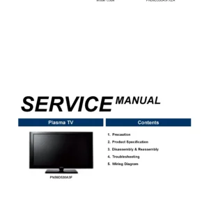 Samsung pn59d530a3f service manual cover with photo of the television, model type and code and manual contents