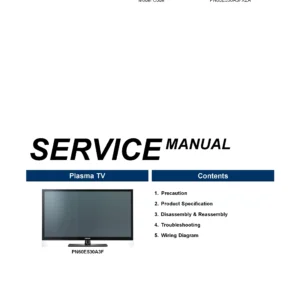 Samsung pn60e530 pn60e530a3f service manual cover with photo of the television, model type and code and manual contents