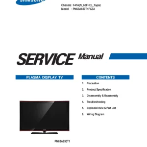 Samsung pn63a650 pn63a650t1f service manual cover with photo of the television, model type and code and manual contents