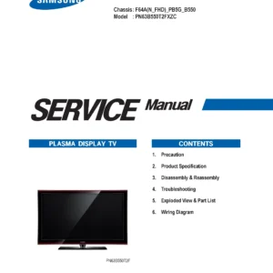 Samsung pn63b550 pn63b550t2f plasma service manual cover with photo of the television, model type and code and manual contents