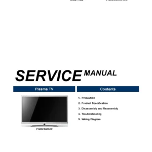 Samsung pn64e8000 pn64e8000gf service manual cover with photo of the television, model type and code and manual contents