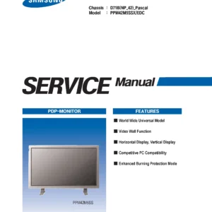 Samsung ppm42m5ss service manual cover with photo of the television, model type and code and manual contents