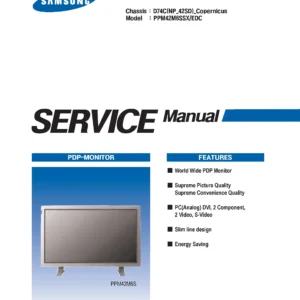 Samsung ppm42m6ss service manual cover with photo of the television, model type and code and manual contents