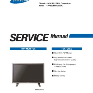 Samsung ppm50m6hs service manual cover with photo of the television, model type and code and manual contents