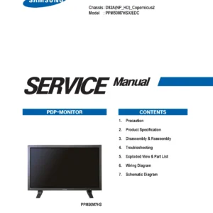 Samsung ppm50m7hs service manual cover with photo of the television, model type and code and manual contents