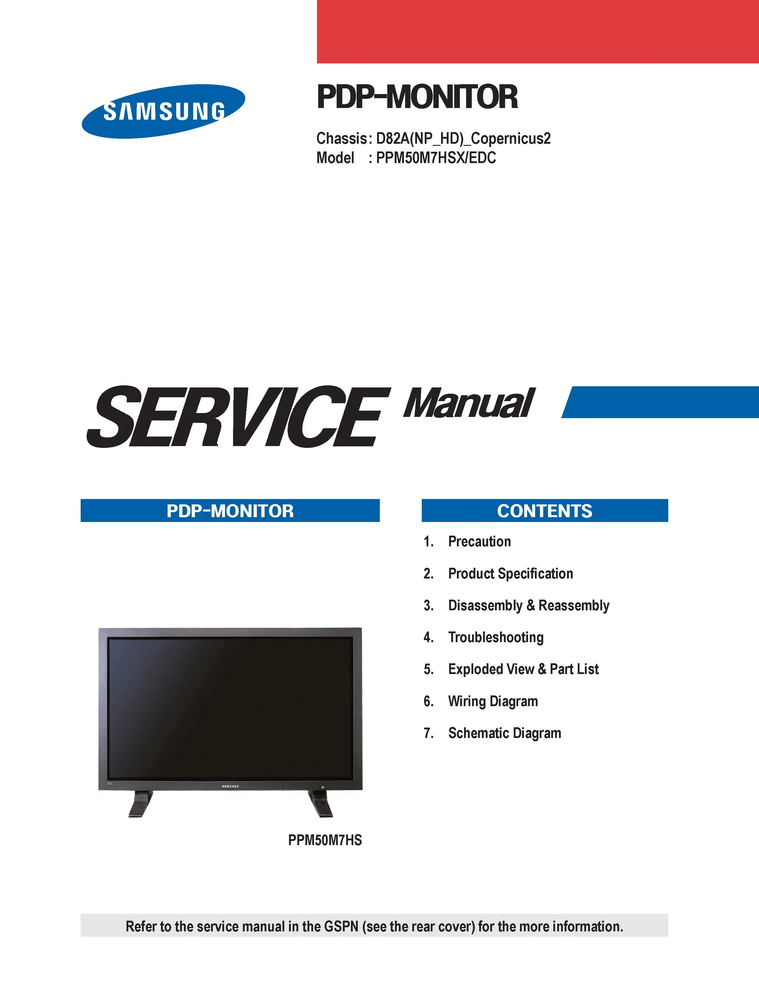 Samsung ppm50m7hs service manual cover with photo of the television, model type and code and manual contents