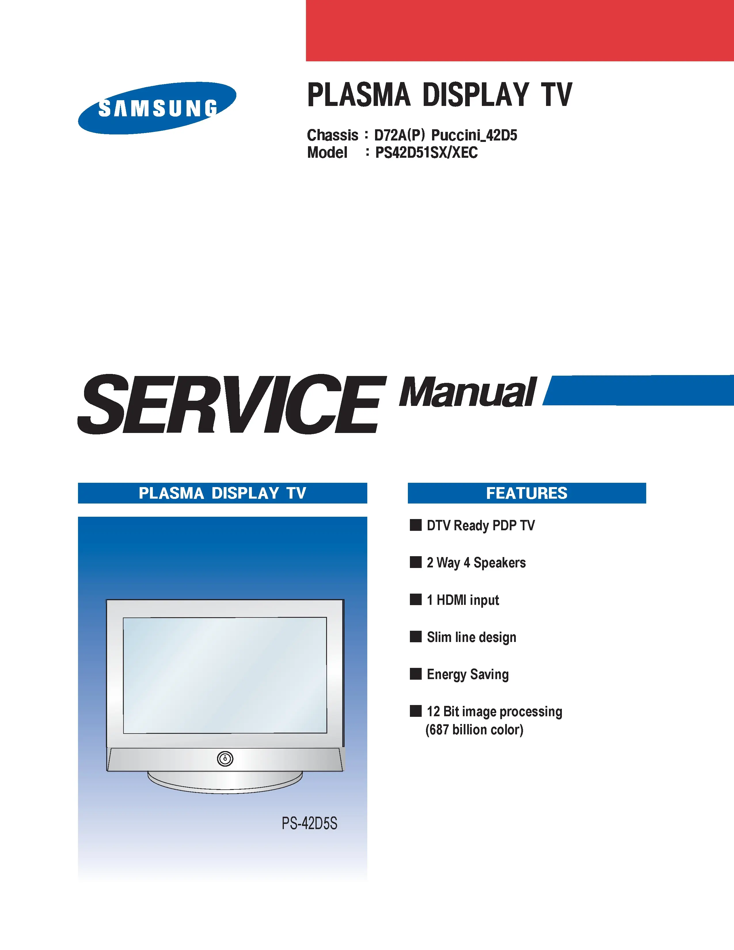 Samsung ps 42d51s ps42d51s plasma service manual cover with photo of the television, model type and code and manual contents