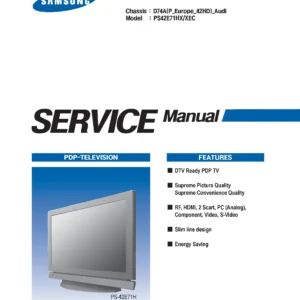 Samsung ps 42e71h ps42e71h service manual cover with photo of the television, model type and code and manual contents