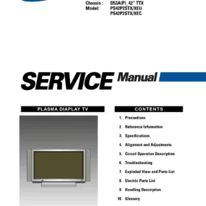 Samsung ps 42p2st ps42p2st service manual cover with photo of the television, model type and code and manual contents