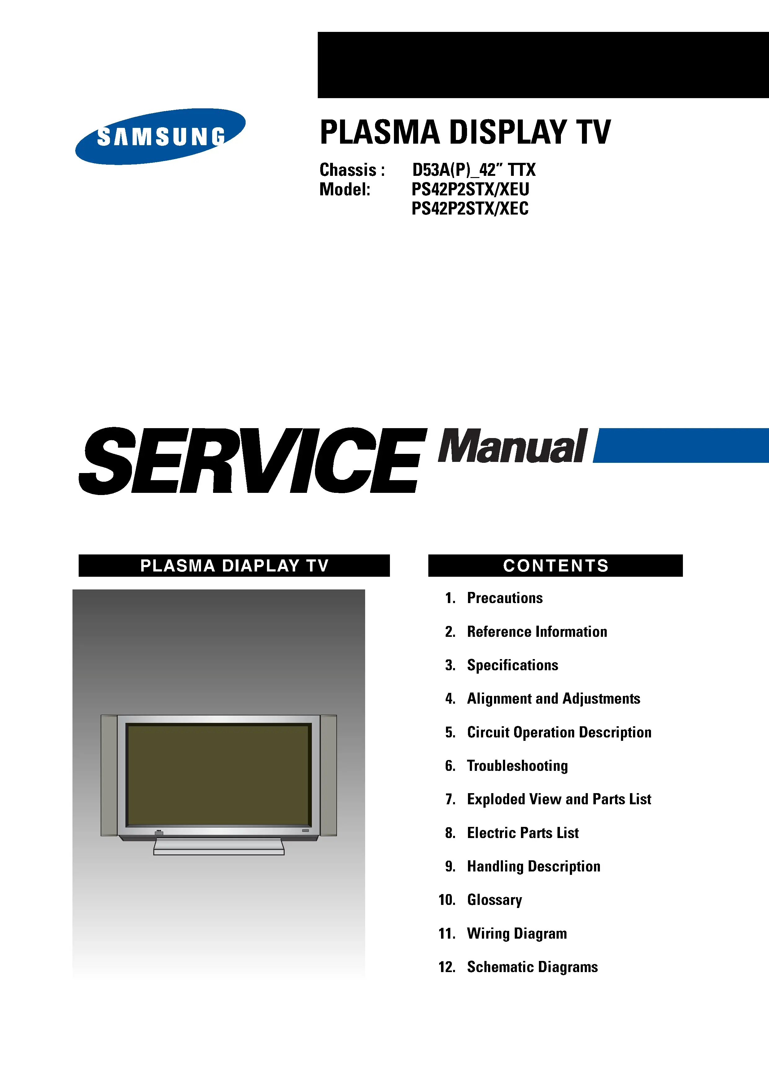 Samsung ps 42p2st ps42p2st service manual cover with photo of the television, model type and code and manual contents