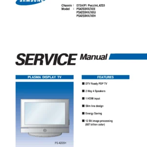 Samsung ps 42s5h 42shx service manual cover with photo of the television, model type and code and manual contents