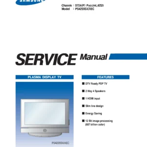 Samsung ps 42s5s ps42s5s service manual cover with photo of the television, model type and code and manual contents