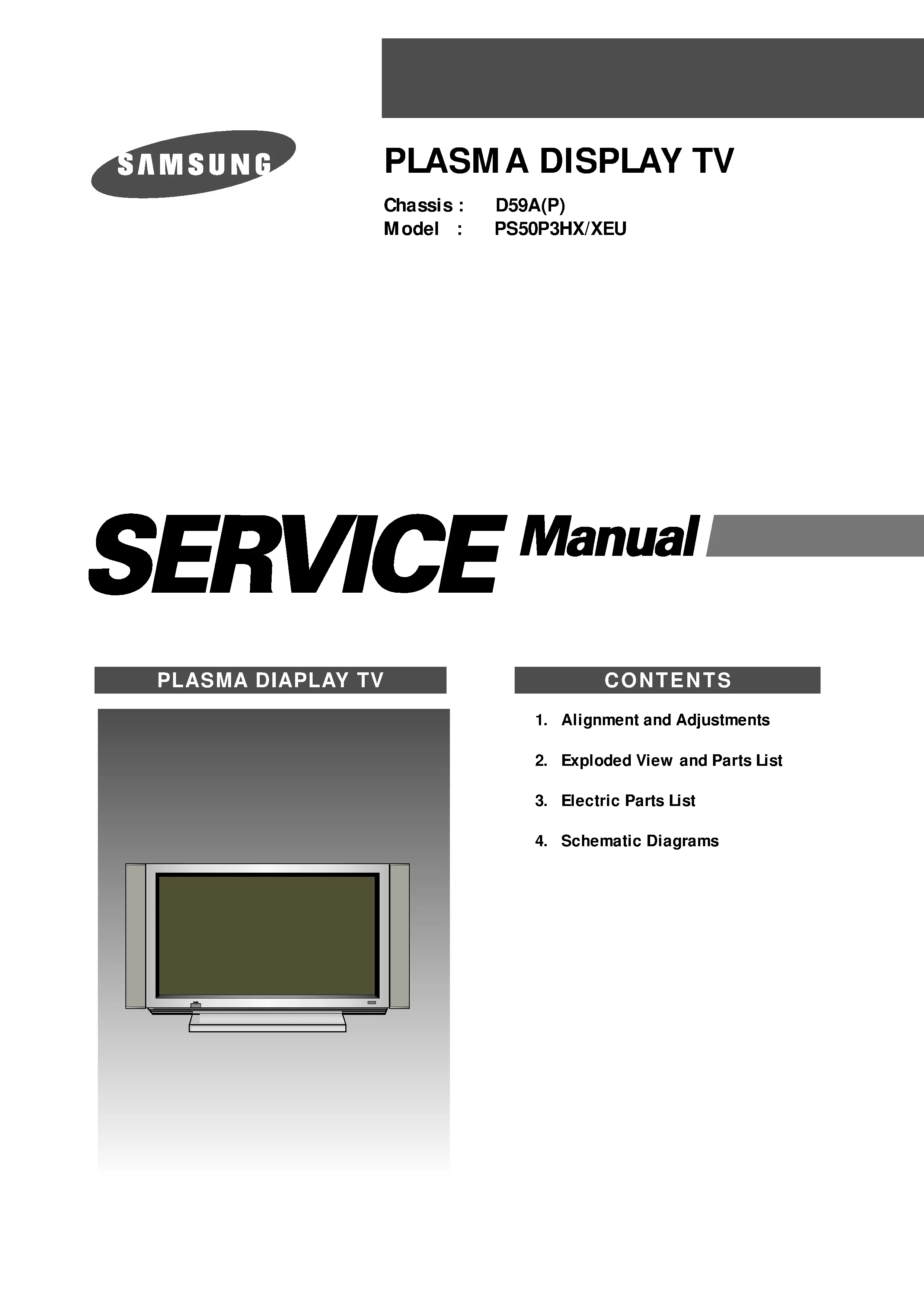 Samsung ps 50p3h service manual cover with photo of the television, model type and code and manual contents