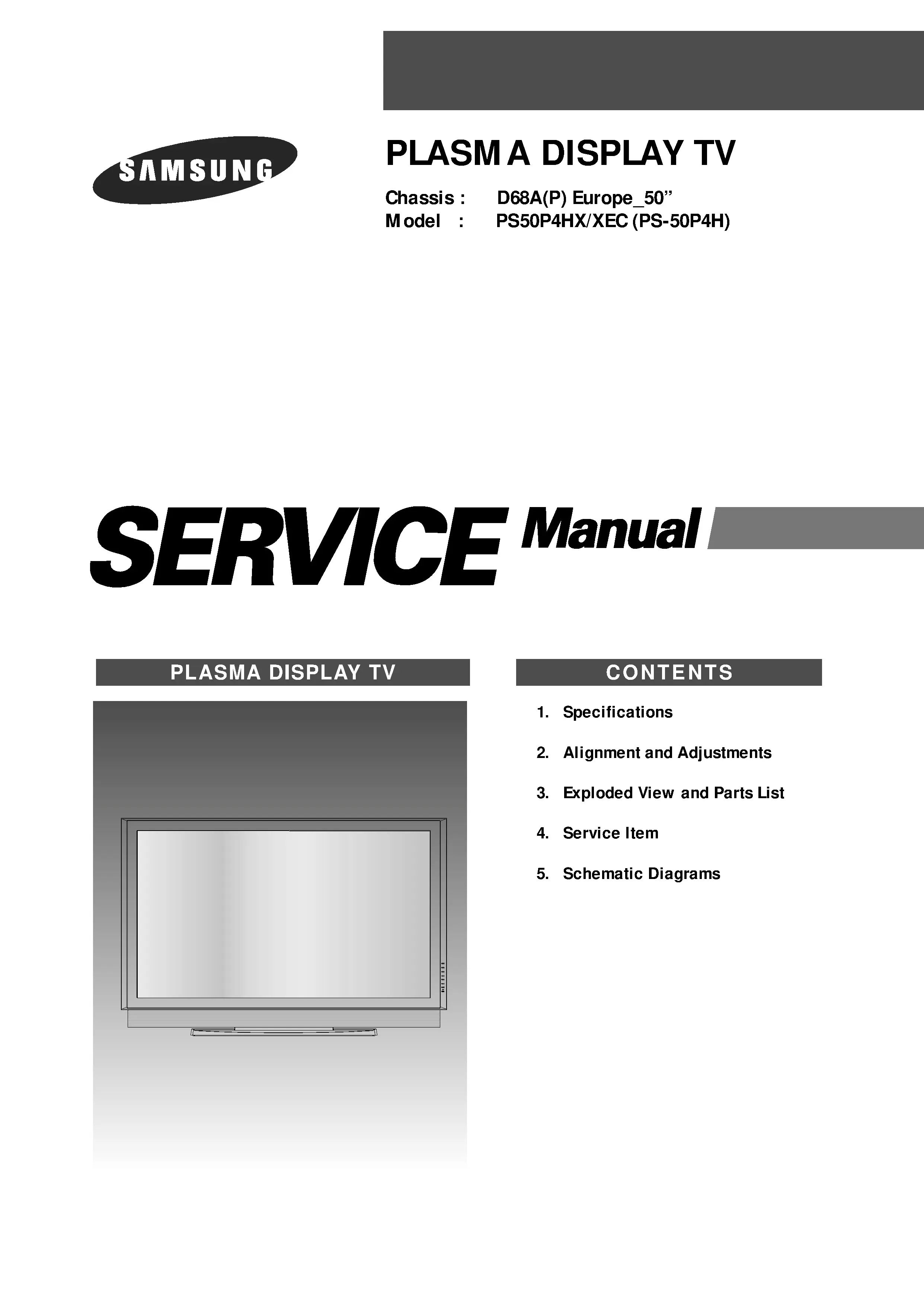 Samsung ps 50p4h service manual cover with photo of the television, model type and code and manual contents