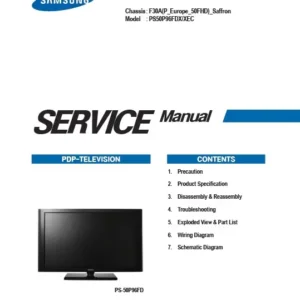 Samsung ps 50p96fd ps50p96fd service manual cover with photo of the television, model type and code and manual contents