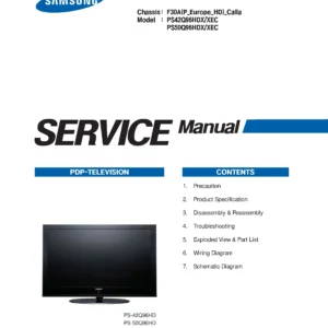 Samsung ps 50q96hd ps50q96hd service manual cover with photo of the television, model type and code and manual contents