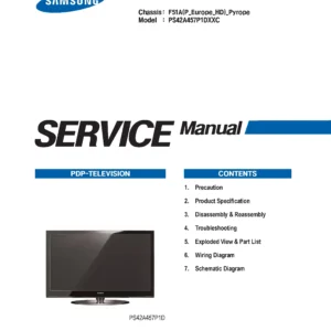 Samsung ps42a457p1d ps 42a457p1d service manual cover with photo of the television, model type and code and manual contents