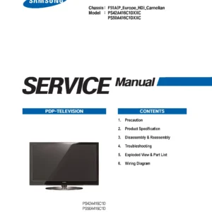 Samsung ps50a416c1d service manual cover with photo of the television, model type and code and manual contents