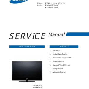 Samsung ps50a417c2d service manual cover with photo of the television, model type and code and manual contents