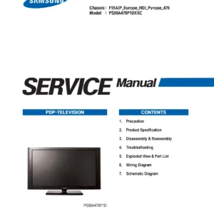 Samsung ps50a476p1d service manual cover with photo of the television, model type and code and manual contents