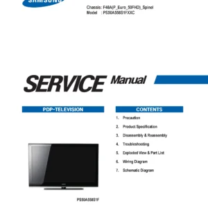 Samsung ps50a558s1f service manual cover with photo of the television, model type and code and manual contents