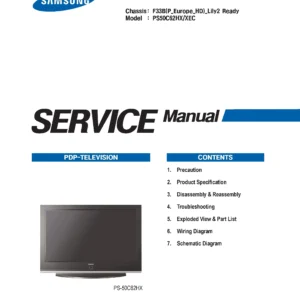 Samsung ps50c62h service manual cover with photo of the television, model type and code and manual contents