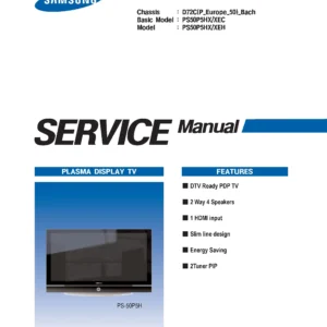Samsung ps50p5h ps50p5hx service manual cover with photo of the television, model type and code and manual contents