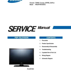Samsung ps63p76fd service manual cover with photo of the television, model type and code and manual contents