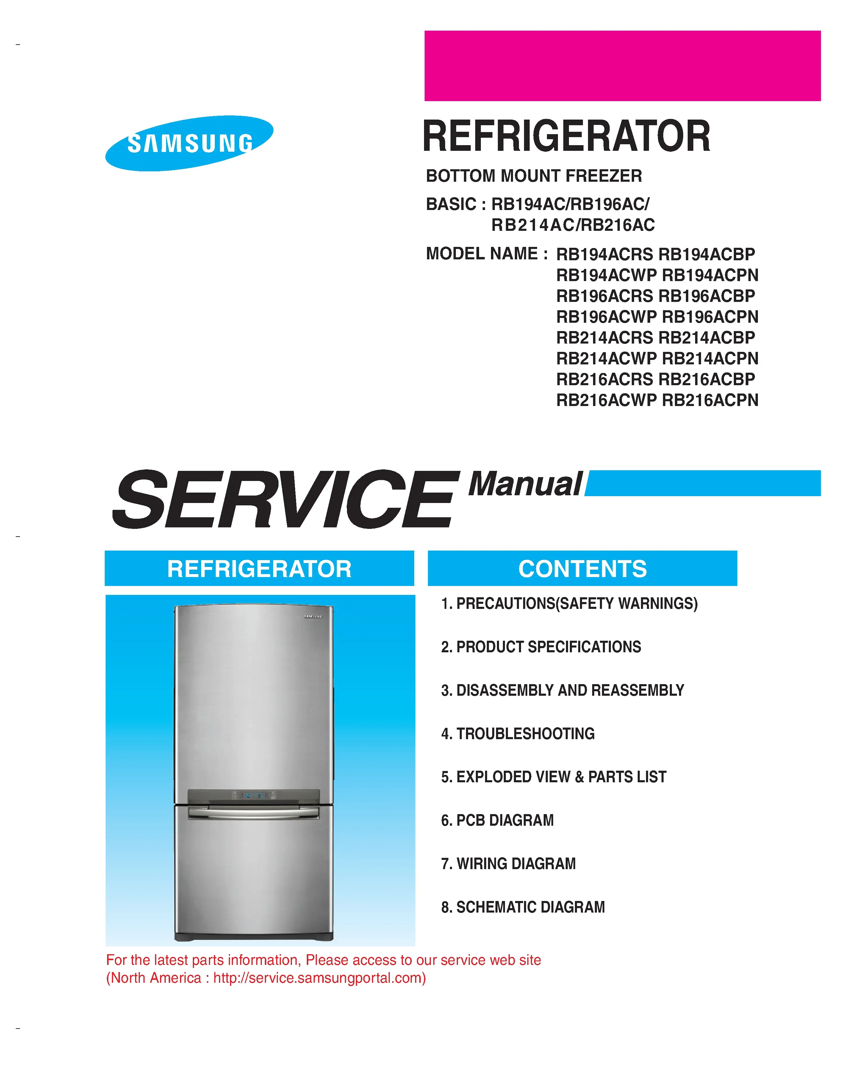 Samsung rb196acpn service manual cover with photo of the refrigerator, model type and code and manual contents