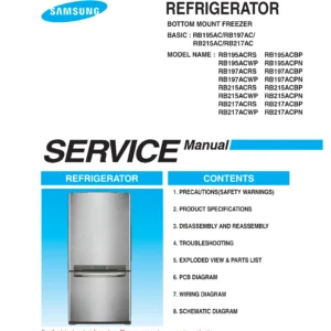 Samsung rb197acpn service manual cover with photo of the refrigerator, model type and code and manual contents
