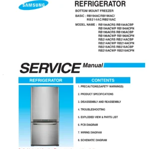 Samsung rb214acwp service manual cover with photo of the refrigerator, model type and code and manual contents