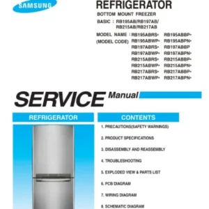 Samsung rb215abbp service manual cover with photo of the refrigerator, model type and code and manual contents