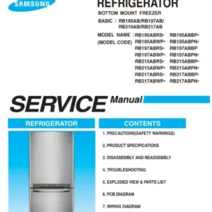 Samsung rb217abpn service manual cover with photo of the refrigerator, model type and code and manual contents
