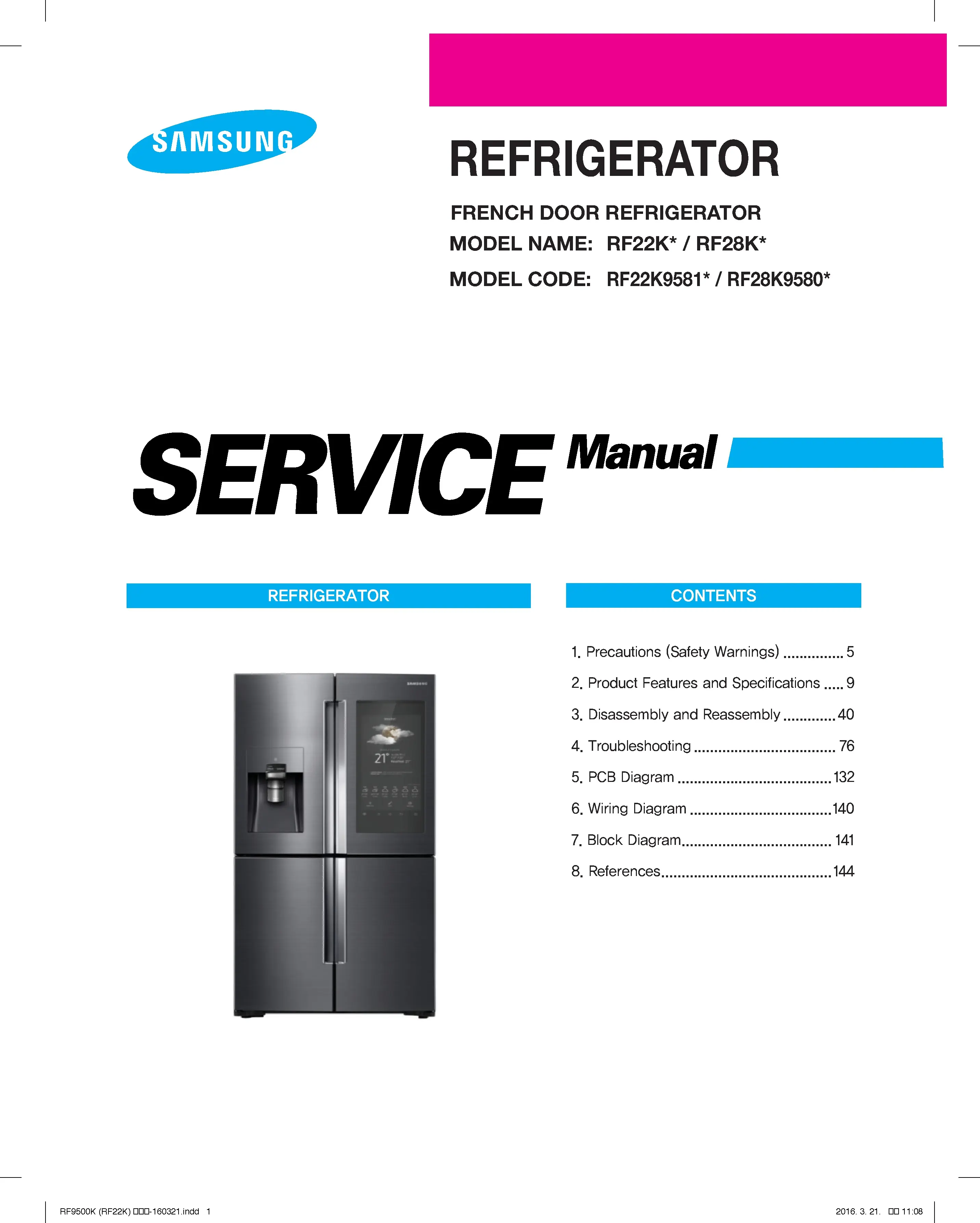 Samsung rf22k9581sr rf22k9581sg rf28k9580sr rf28k9580sg service manual cover with photo of the refrigerator, model type and code and manual contents