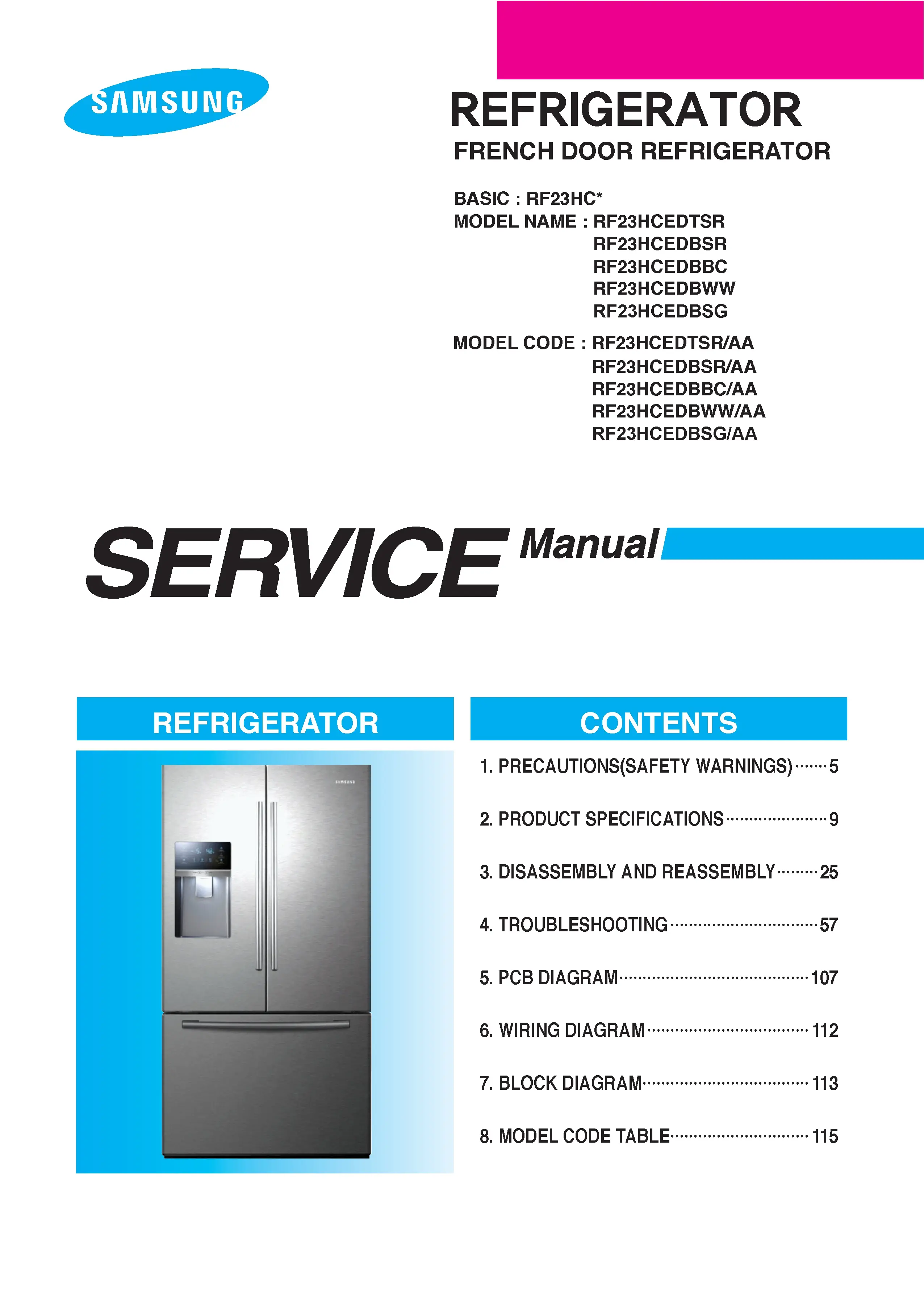 Samsung rf23hcedtsr rf23hcedbsr rf23hcedbbc rf23hcedbww service manual cover