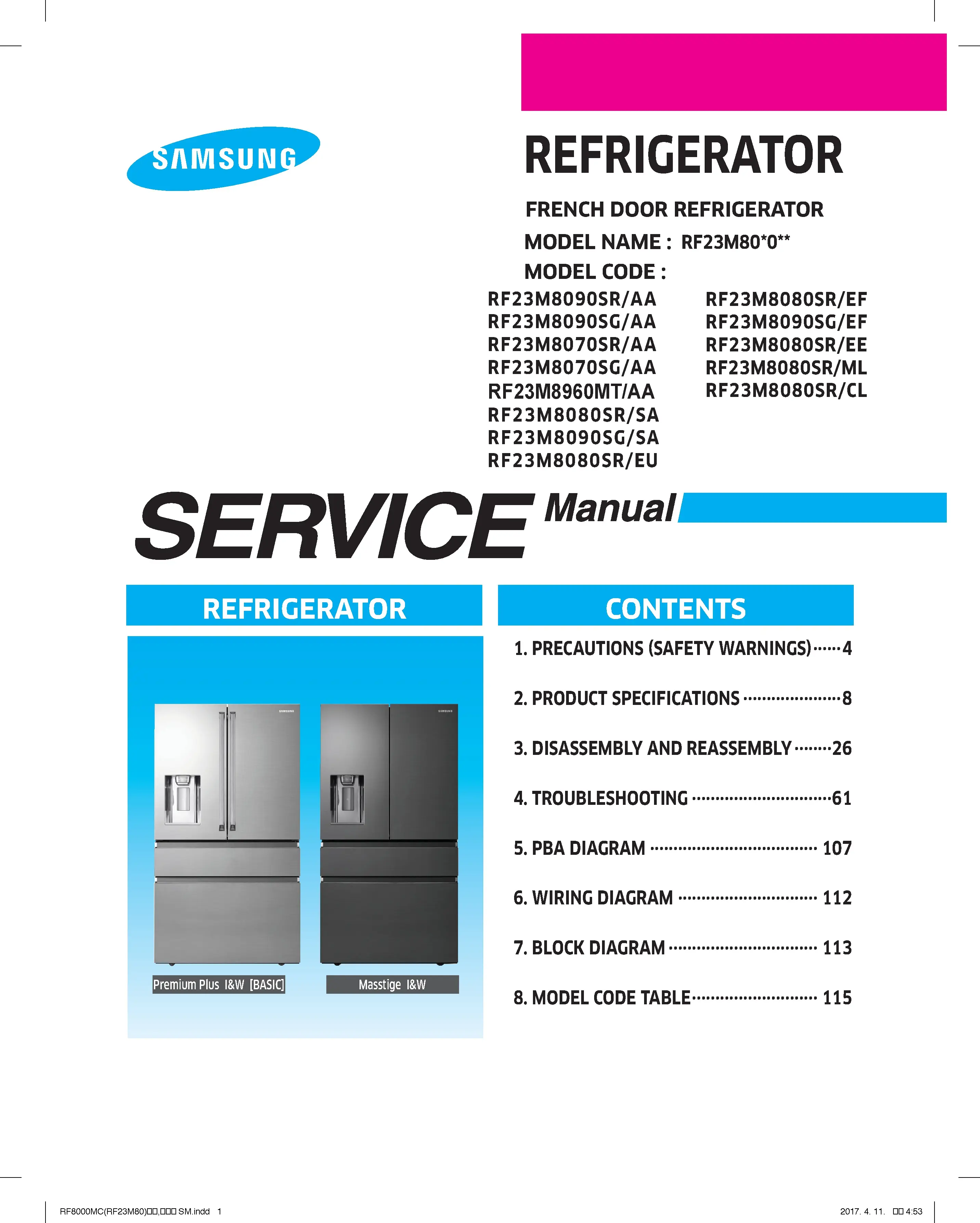 Samsung rf23m8960mt rf23m8090sg rf23m8090sr rf23m8080sr rf23m8070sg rf23m8070sr service manual cover