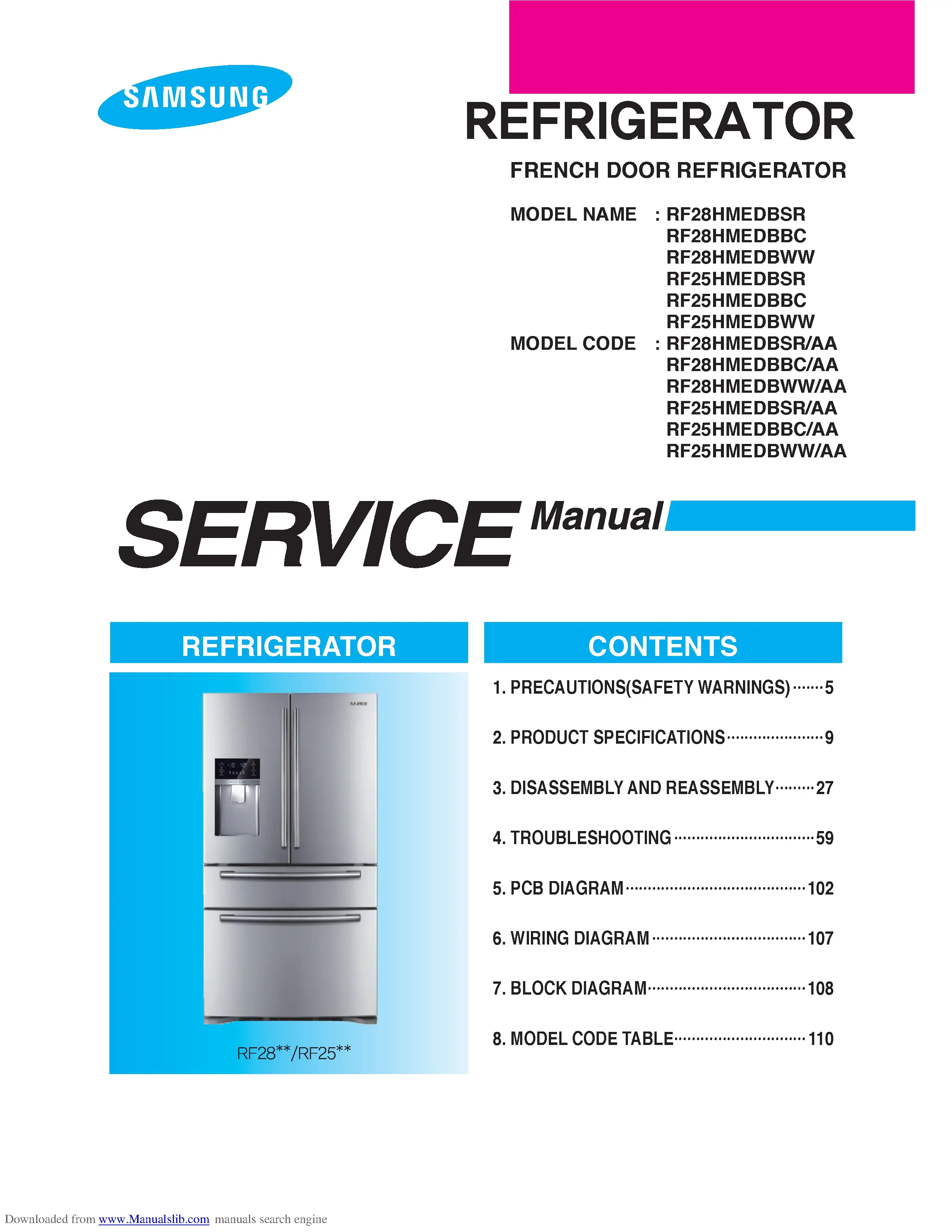 Samsung rf28hmedbsr rf28hmedbbc rf28hmedbww service manual cover with photo of the refrigerator, model type and code and manual contents