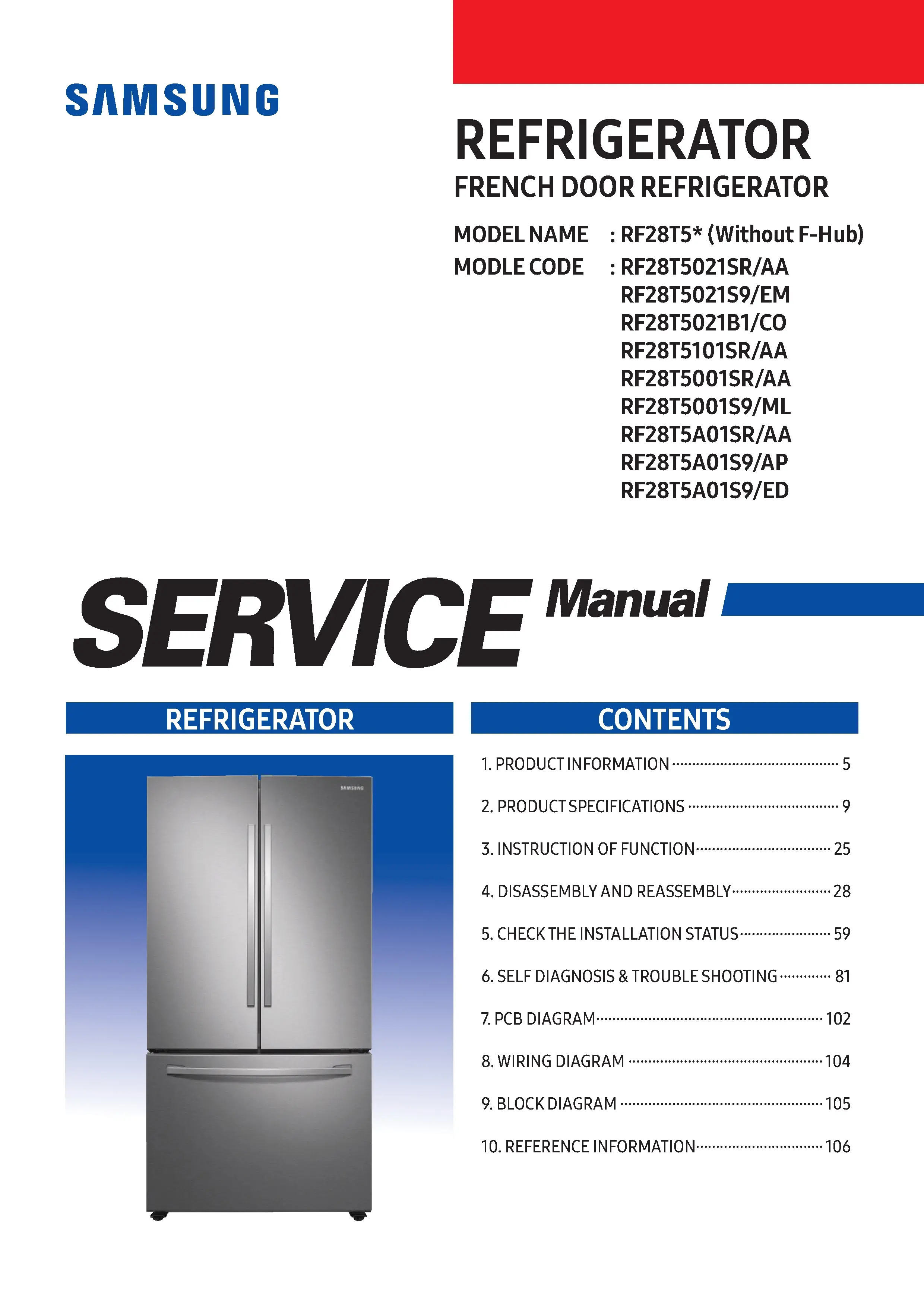 Samsung rf28t5021 rf28t5101 rf28t5001 rf28t5a01 service manual cover with photo of the refrigerator, model type and code and manual contents