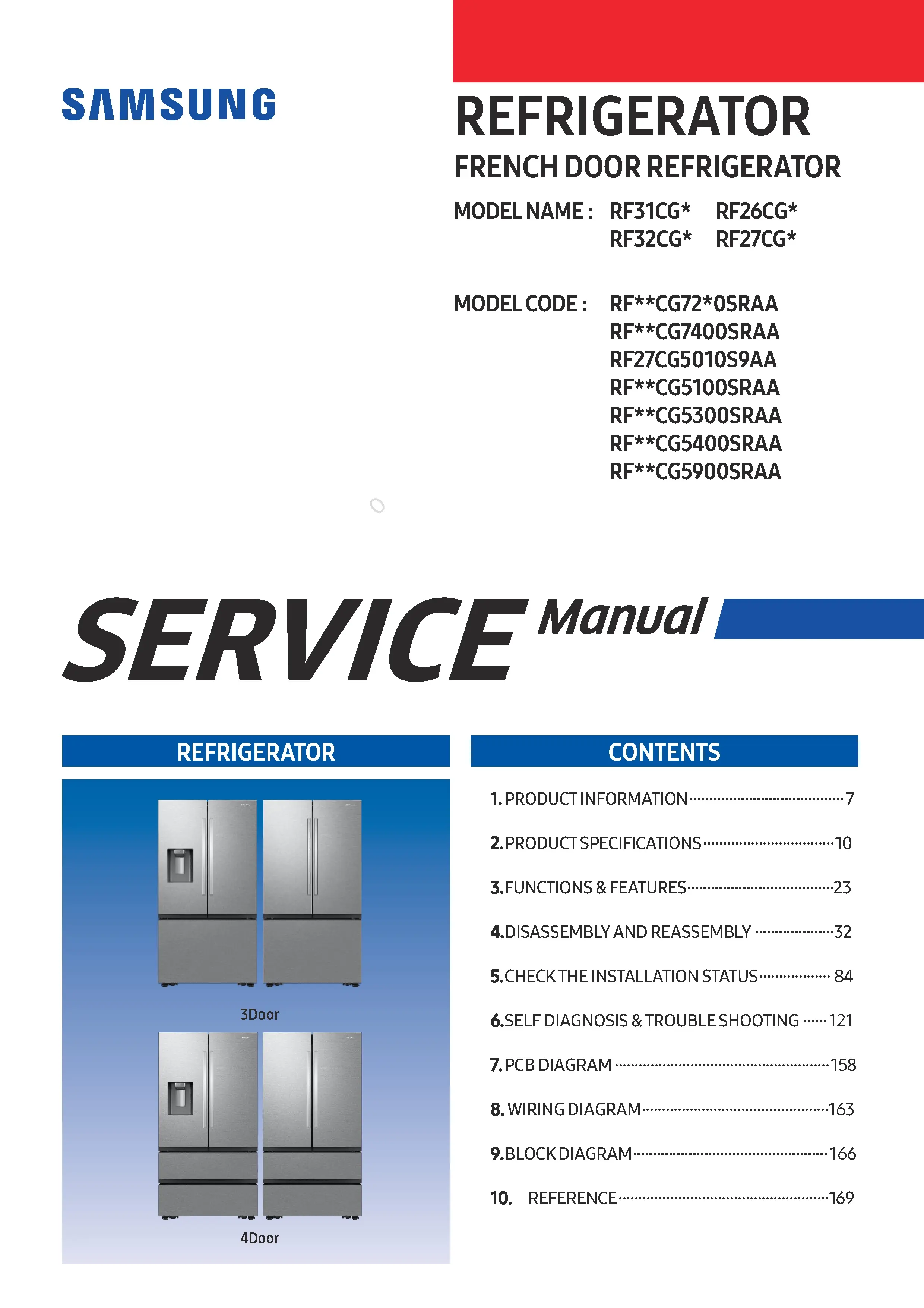 Samsung rf32cg5100sr rf27cg5100sr rf32cg5300sr service manual cover with photo of the refrigerator, model type and code and manual contents