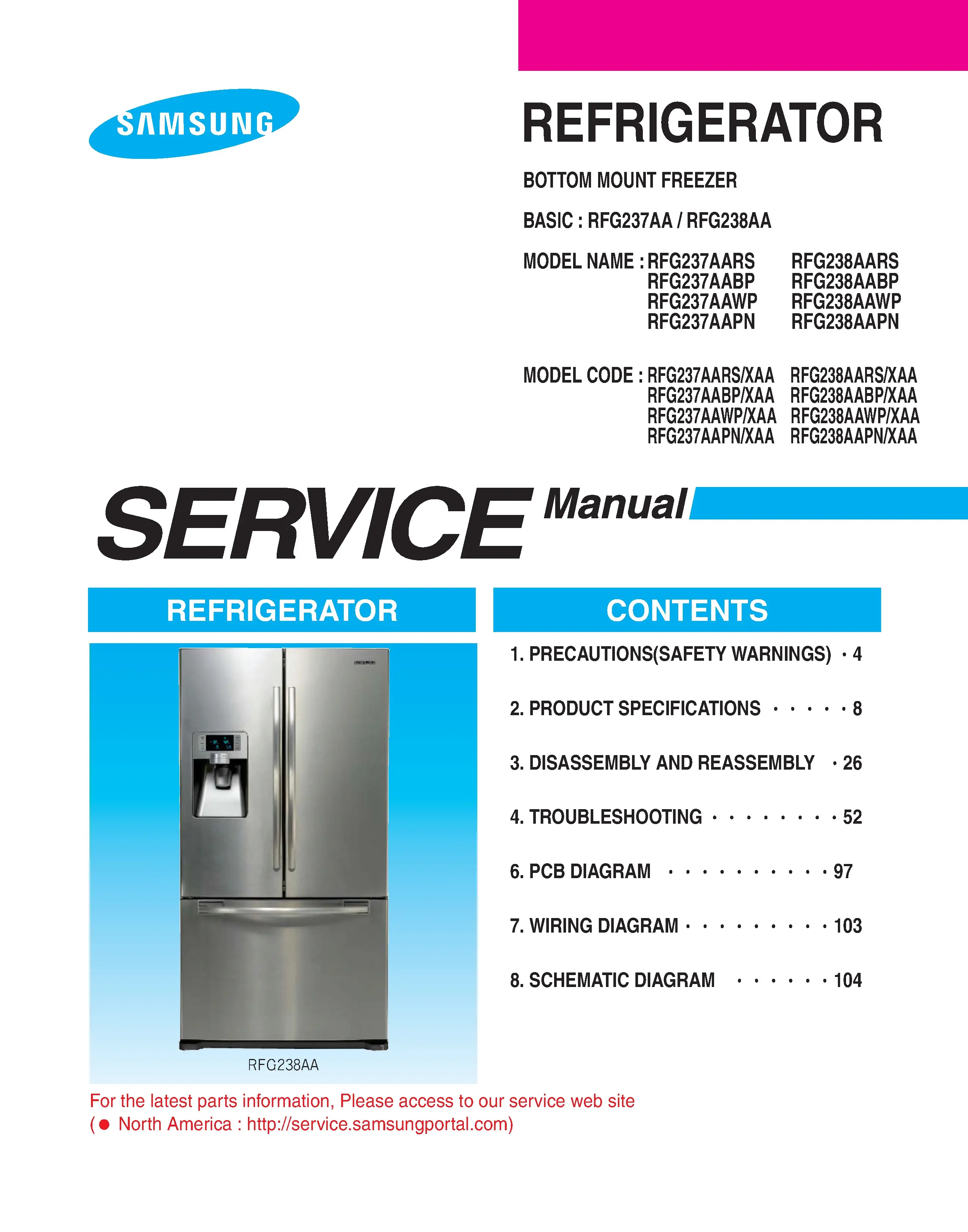 Samsung rfg238azrs rfg238aabp rfg238aawp rfg238aapn service manual cover