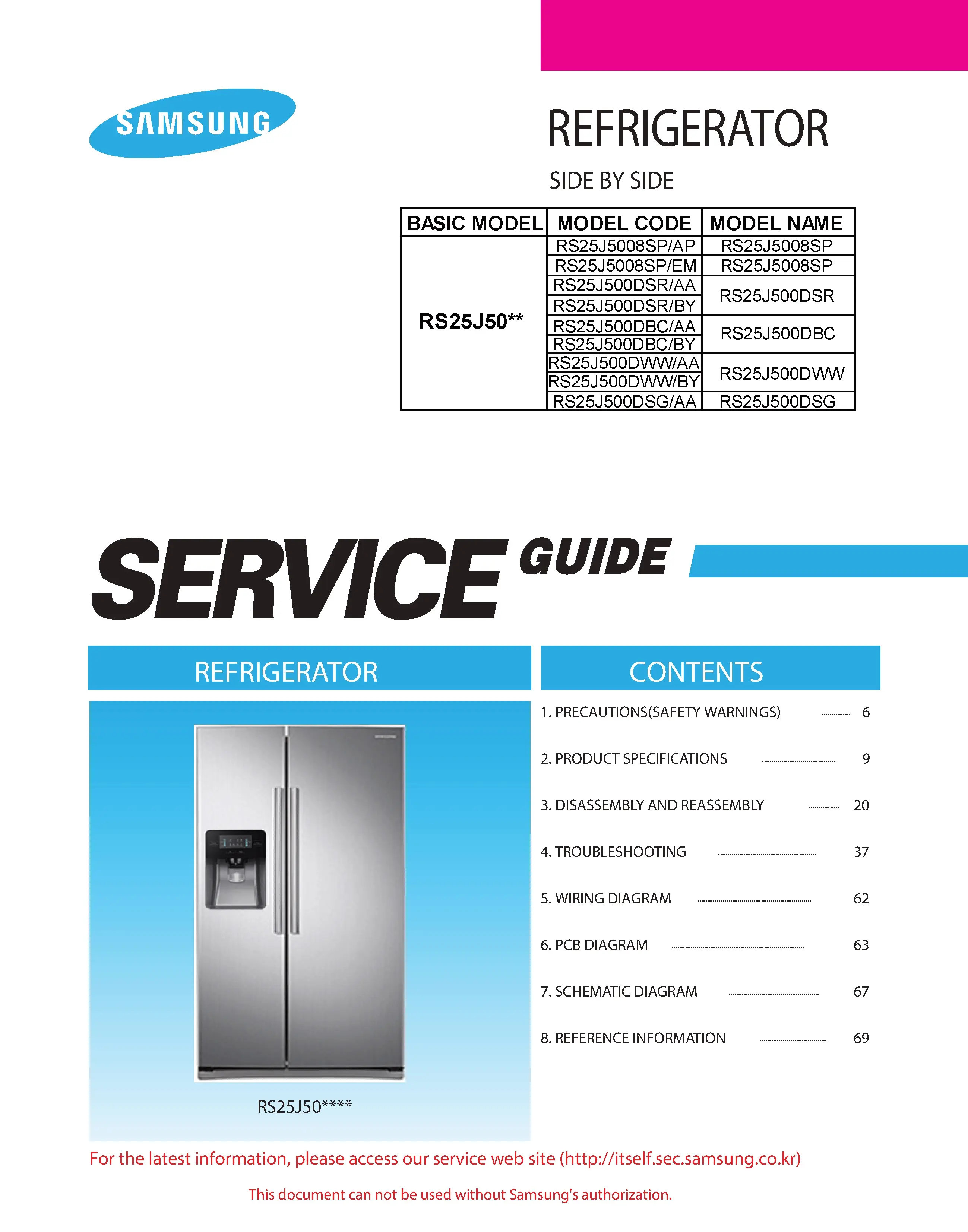 Samsung rs25j500dbc rs25j500dww rs25j500dsr rs25j5008sp service manual cover