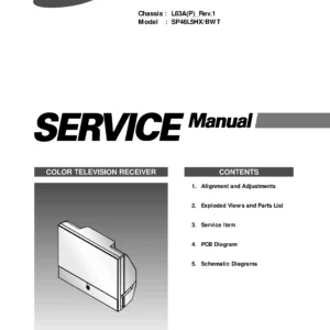 Samsung sp 46l5hx sp46l5hx service manual cover with photo of the television, model type and code and manual contents