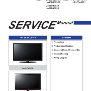 Samsung ua22d5003br ua40d5003br service manual cover with photo of the television, model type and code and manual contents