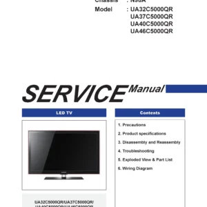 Samsung ua32c5000qr ua37c5000qr ua40c5000qr ua46c5000qr service manual cover with photo of the television, model type and code and manual contents