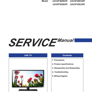 Samsung ua32f4008ar ua23f4003ar ua39f5008ar ua23f4002ar service manual cover with photo of the television, model type and code and manual contents