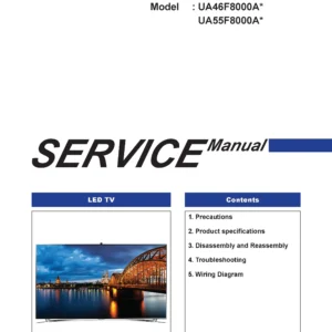 Samsung ua55f8000a ua46f8000a service manual cover with photo of the television, model type and code and manual contents